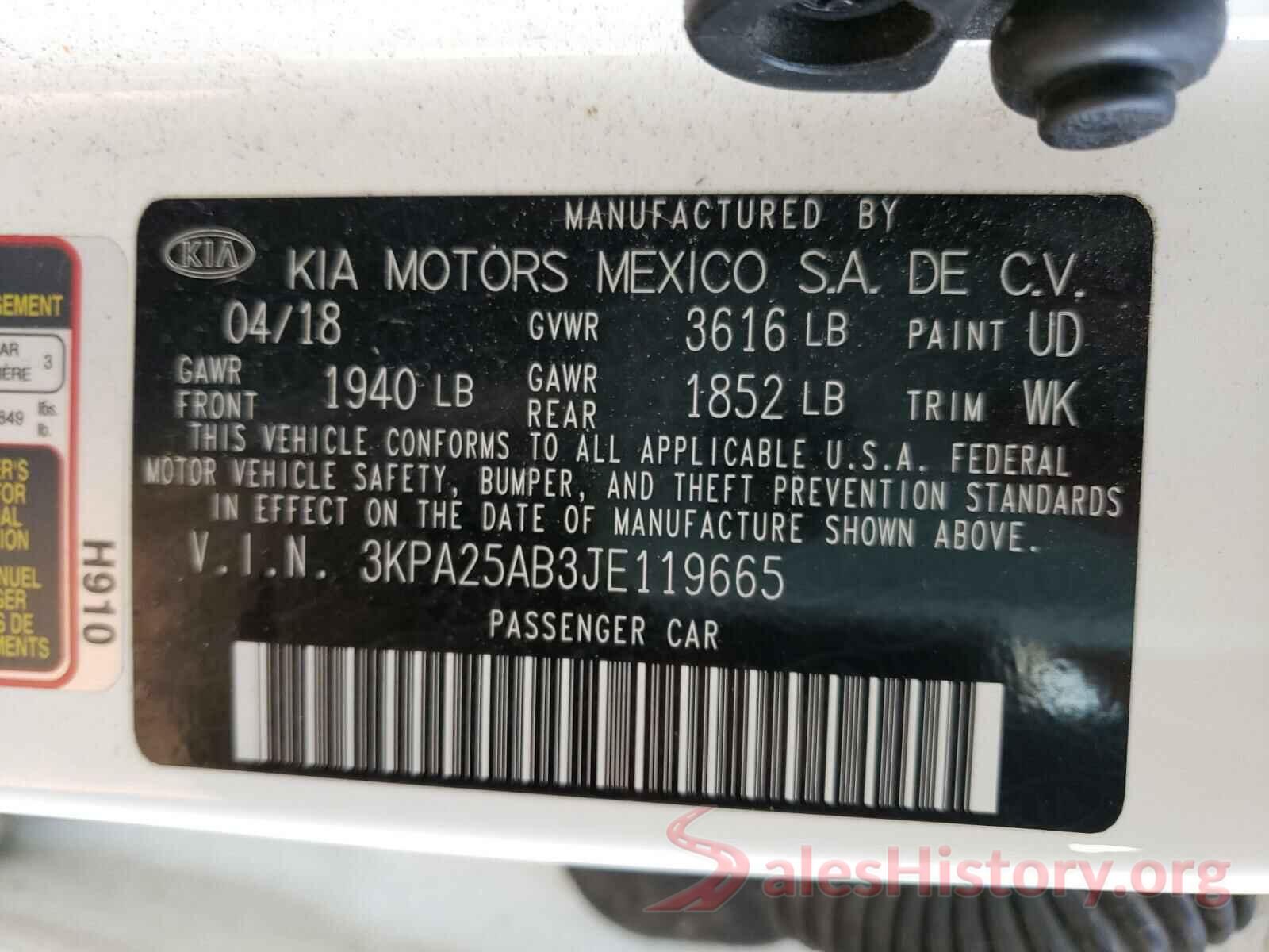 3KPA25AB3JE119665 2018 KIA RIO