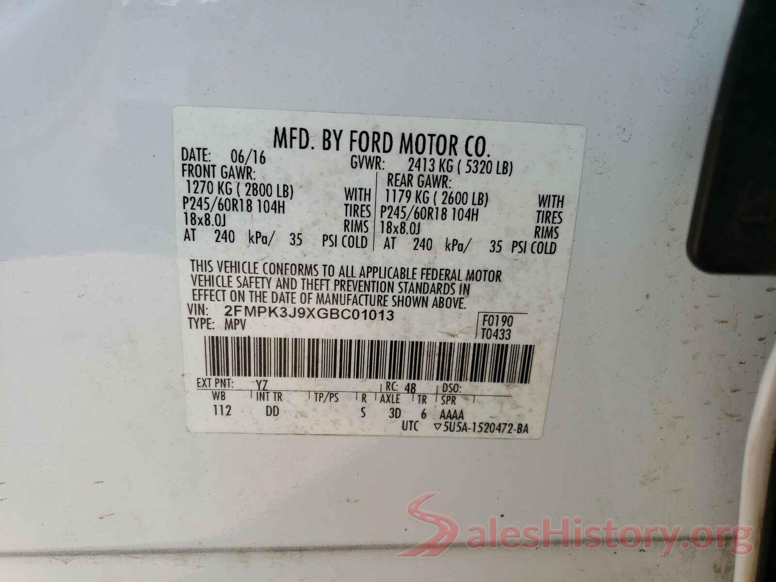 2FMPK3J9XGBC01013 2016 FORD EDGE