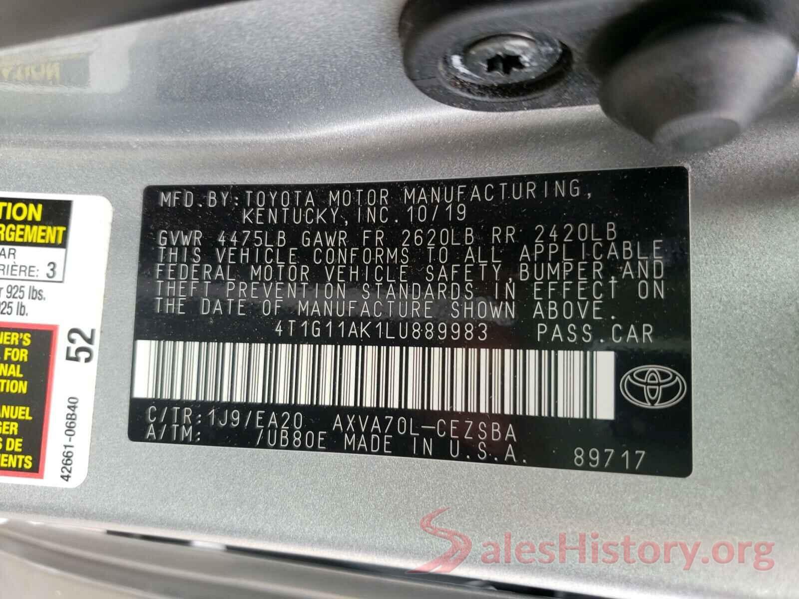 4T1G11AK1LU889983 2020 TOYOTA CAMRY