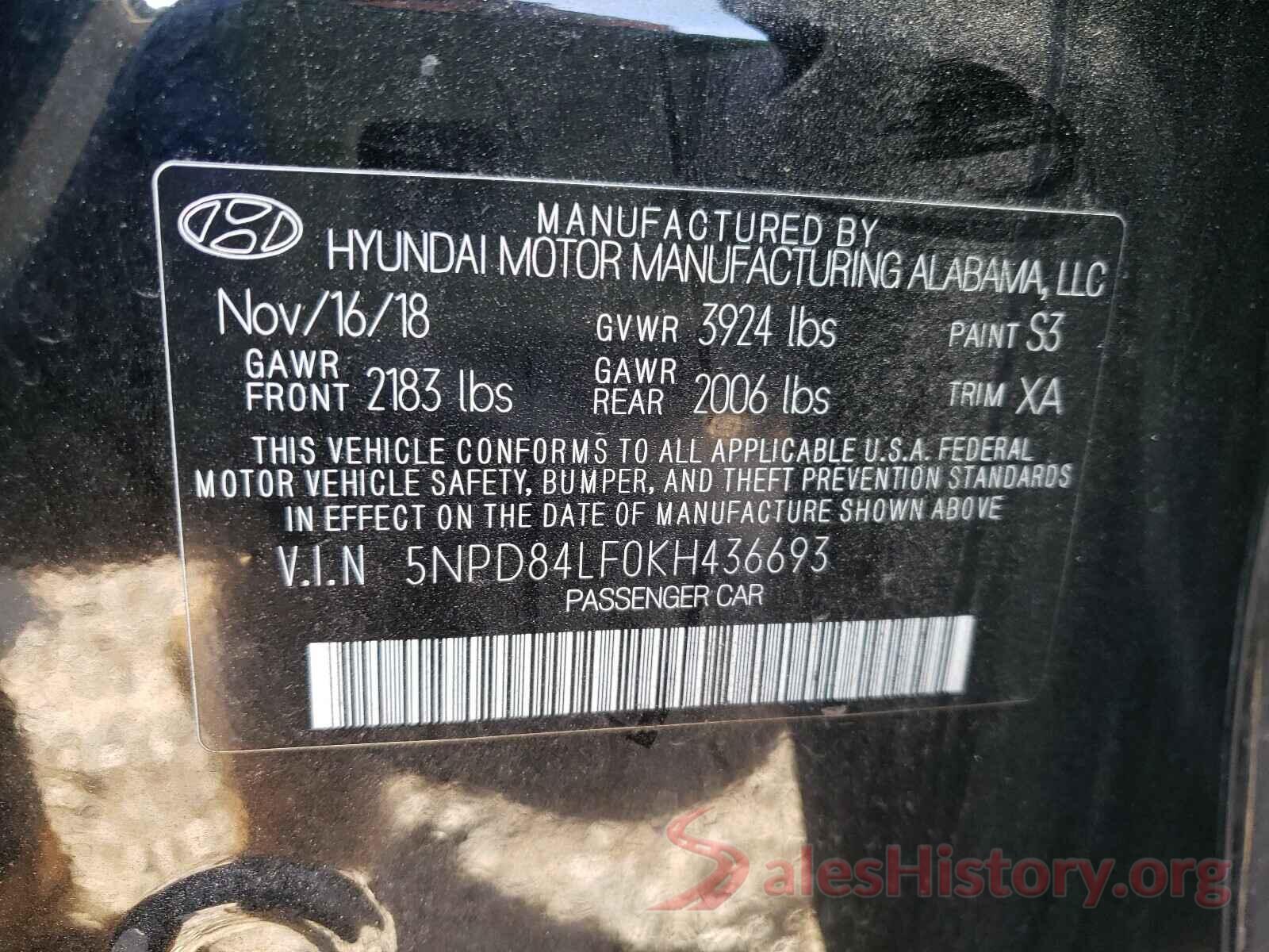 5NPD84LF0KH436693 2019 HYUNDAI ELANTRA