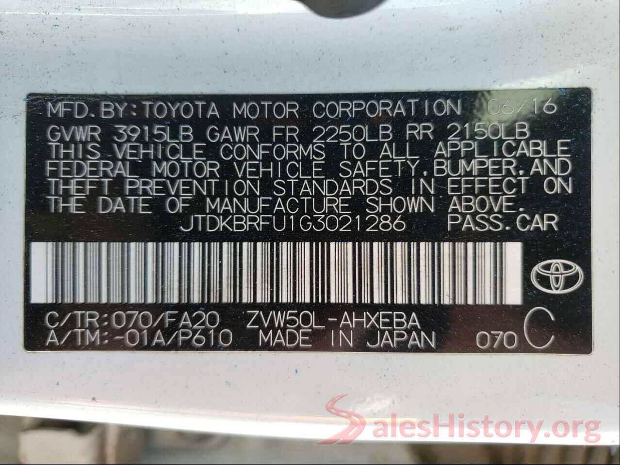 JTDKBRFU1G3021286 2016 TOYOTA PRIUS