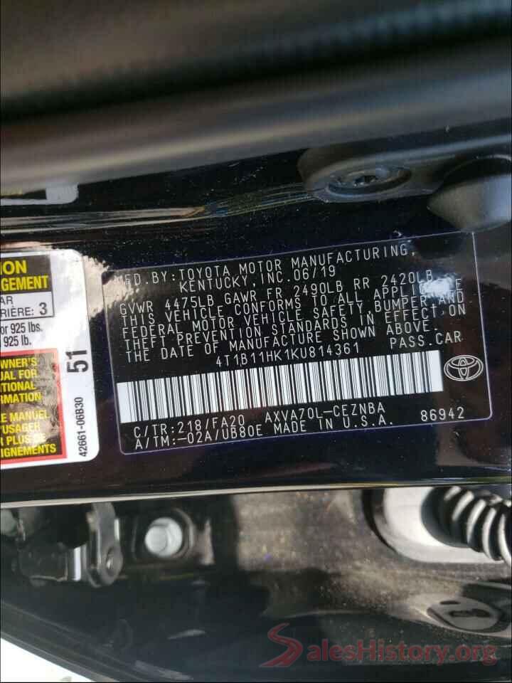 4T1B11HK1KU814361 2019 TOYOTA CAMRY