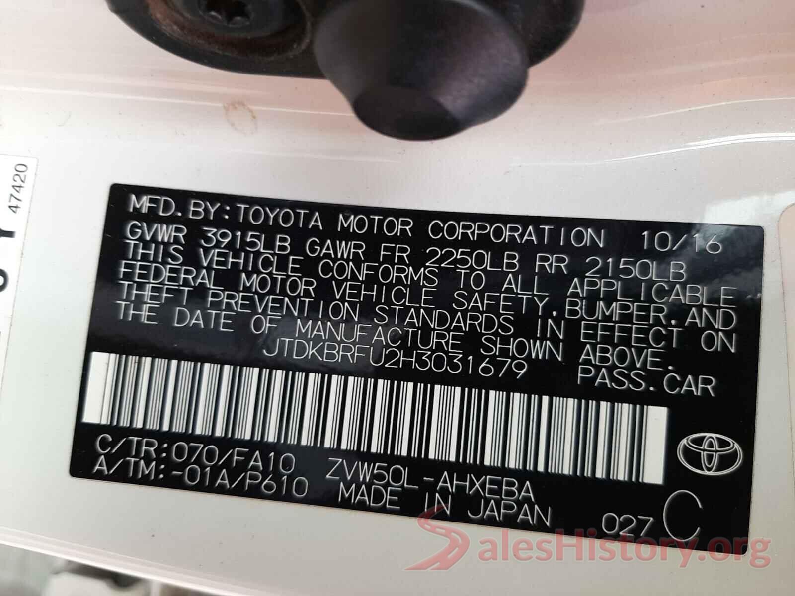 JTDKBRFU2H3031679 2017 TOYOTA PRIUS