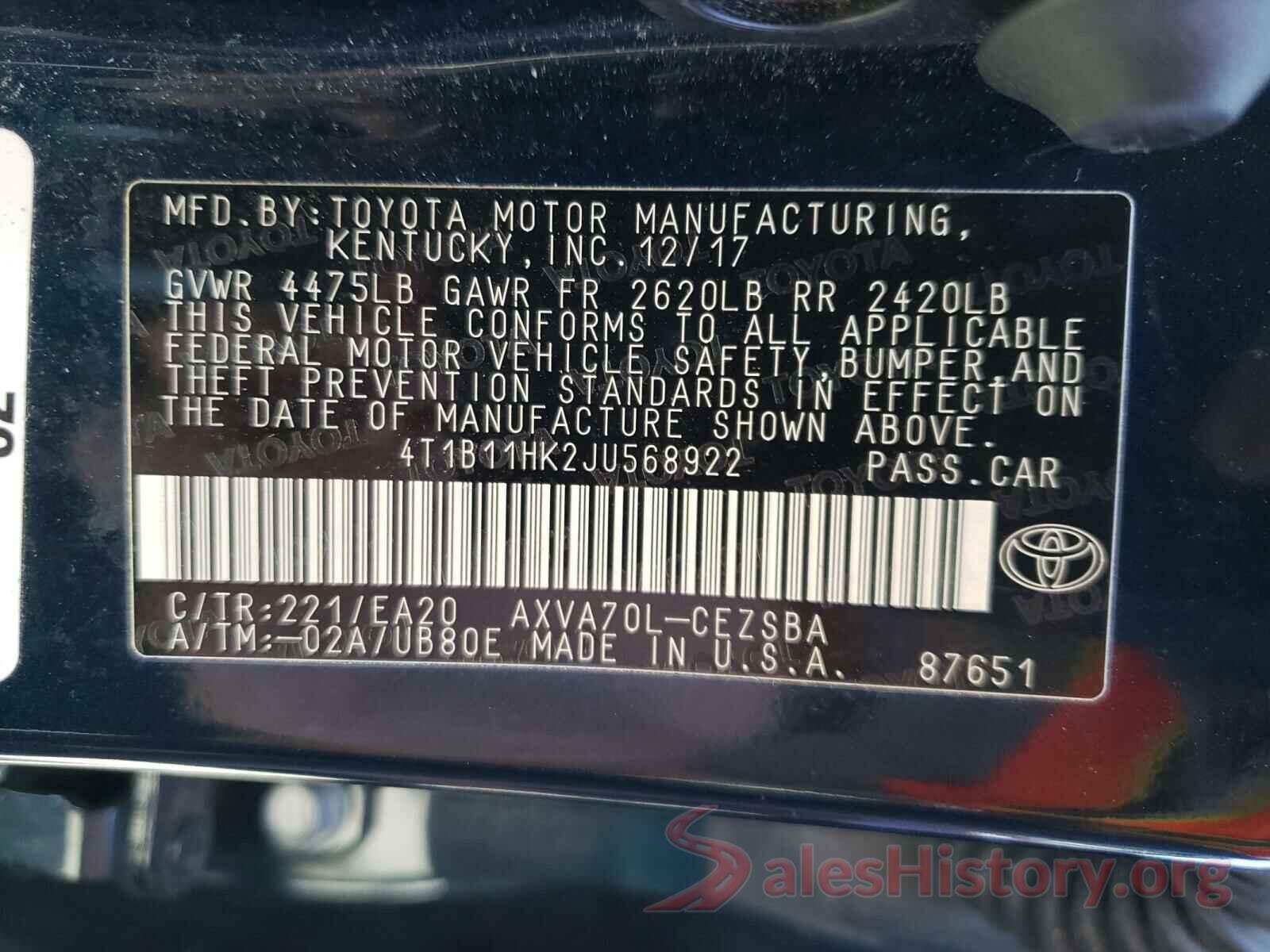 4T1B11HK2JU568922 2018 TOYOTA CAMRY