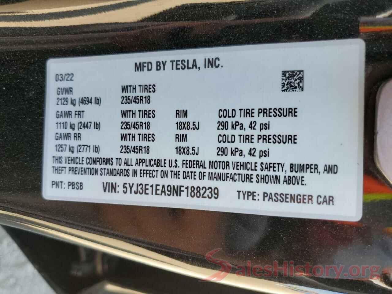 5YJ3E1EA9NF188239 2022 TESLA MODEL 3