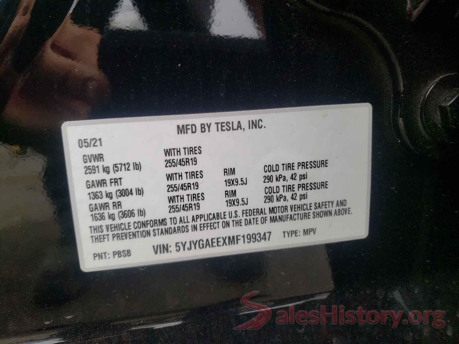 5YJYGAEEXMF199347 2021 TESLA MODEL Y