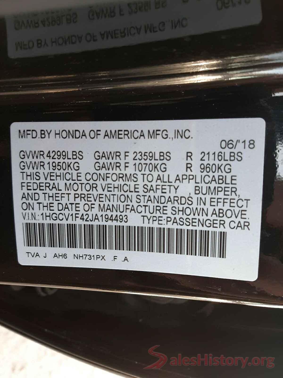 1HGCV1F42JA194493 2018 HONDA ACCORD