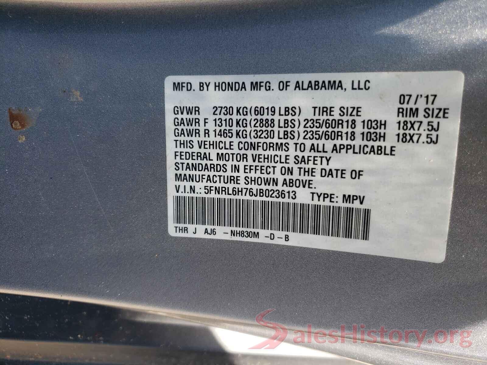 5FNRL6H76JB023613 2018 HONDA ODYSSEY