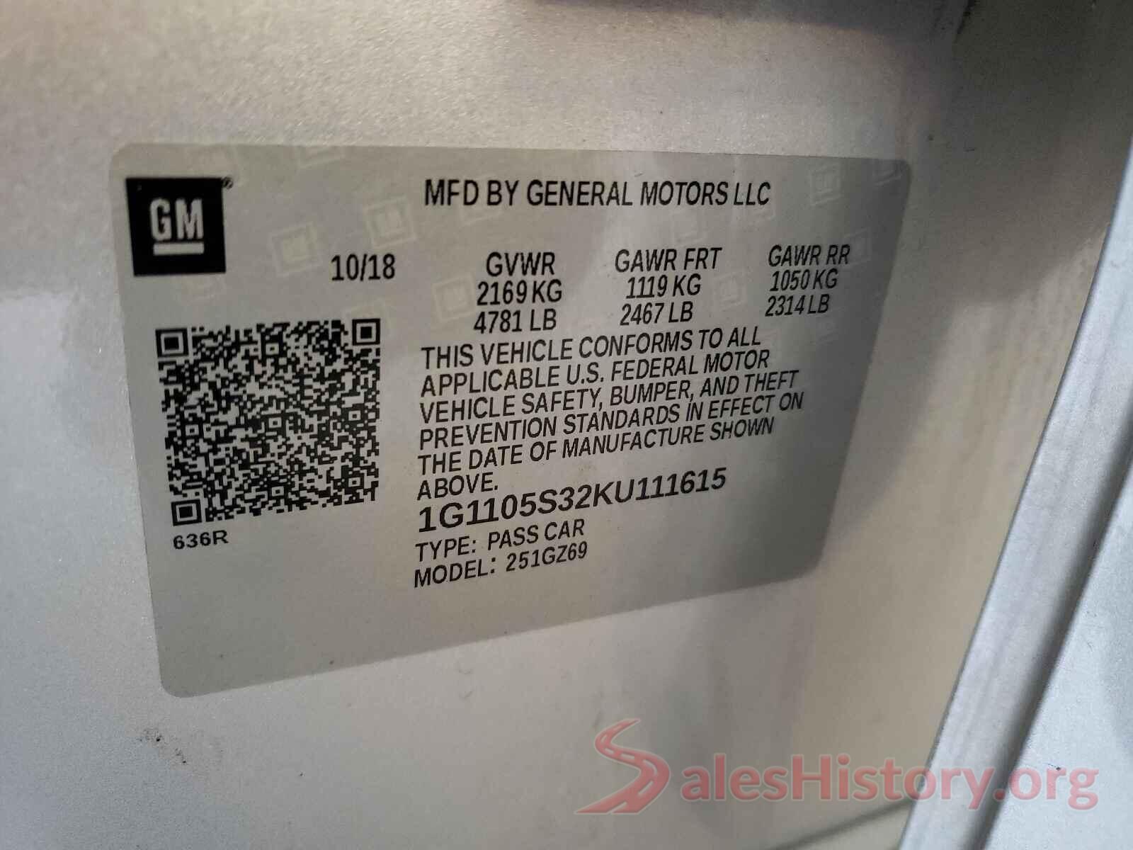 1G1105S32KU111615 2019 CHEVROLET IMPALA