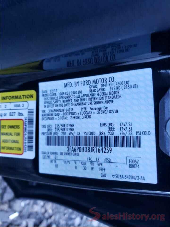 3FA6P0HD8JR164259 2018 FORD FUSION