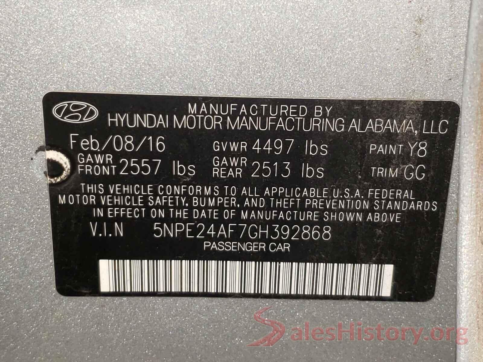 5NPE24AF7GH392868 2016 HYUNDAI SONATA