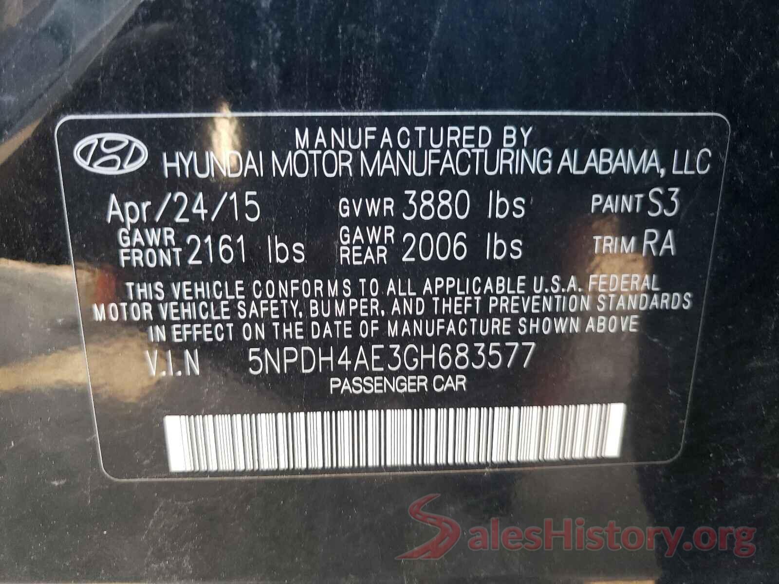 5NPDH4AE3GH683577 2016 HYUNDAI ELANTRA