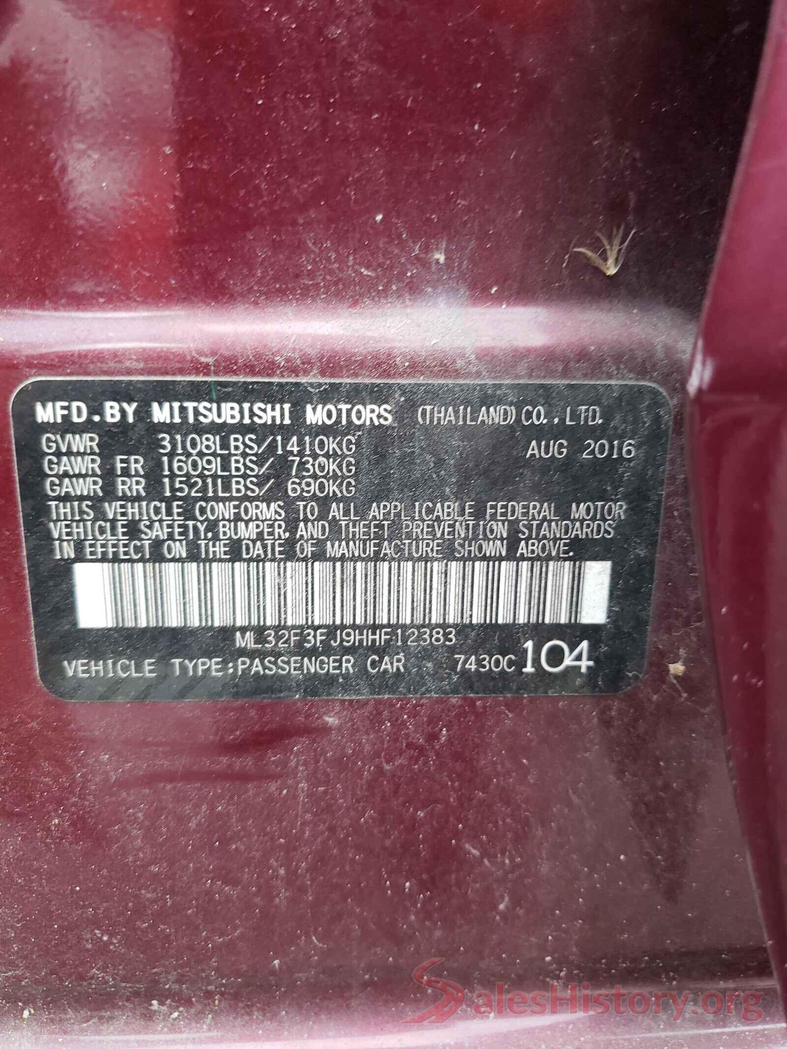 ML32F3FJ9HHF12383 2017 MITSUBISHI MIRAGE