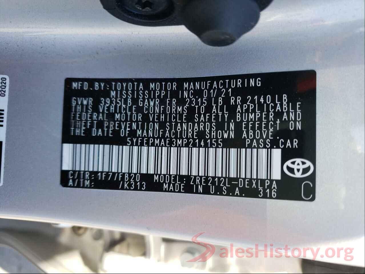 5YFEPMAE3MP214155 2021 TOYOTA COROLLA