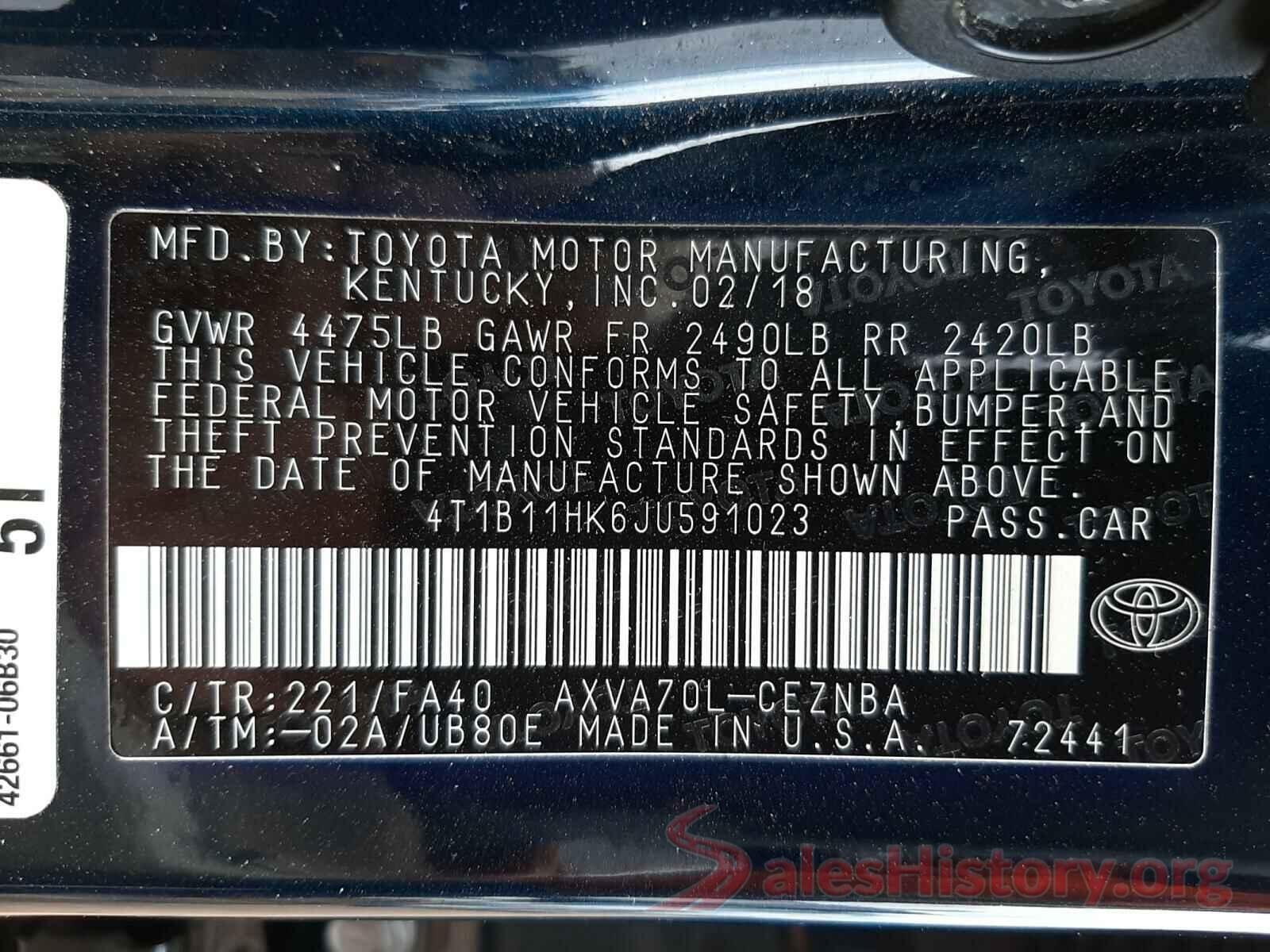 4T1B11HK6JU591023 2018 TOYOTA CAMRY