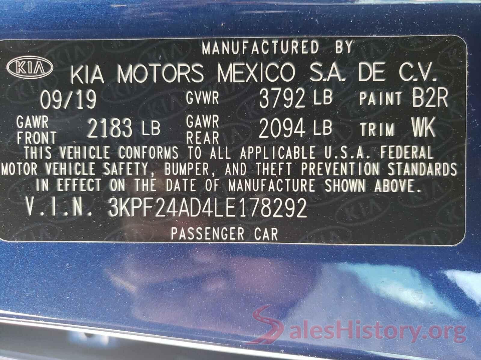 3KPF24AD4LE178292 2020 KIA FORTE