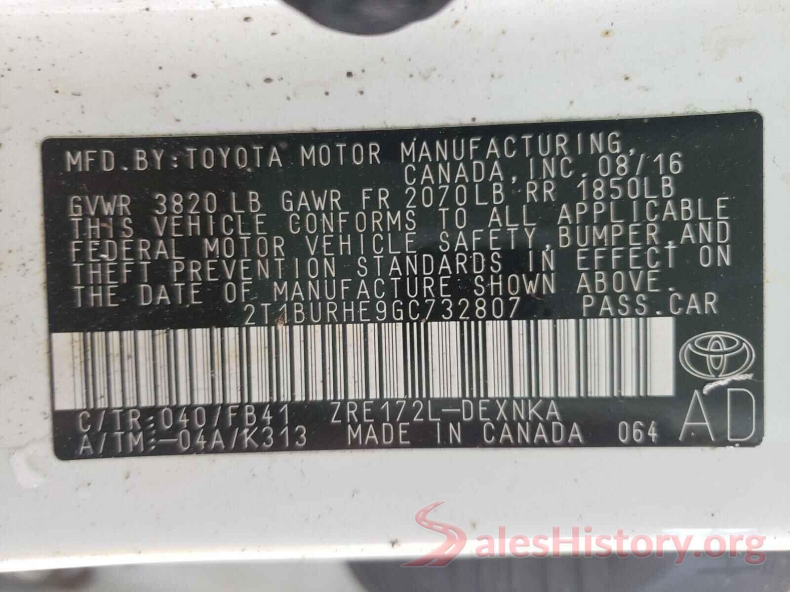 2T1BURHE9GC732807 2016 TOYOTA COROLLA