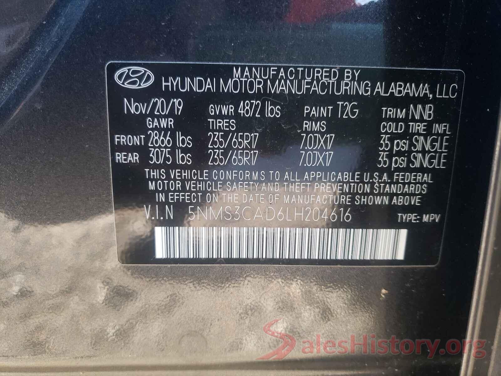 5NMS3CAD6LH204616 2020 HYUNDAI SANTA FE