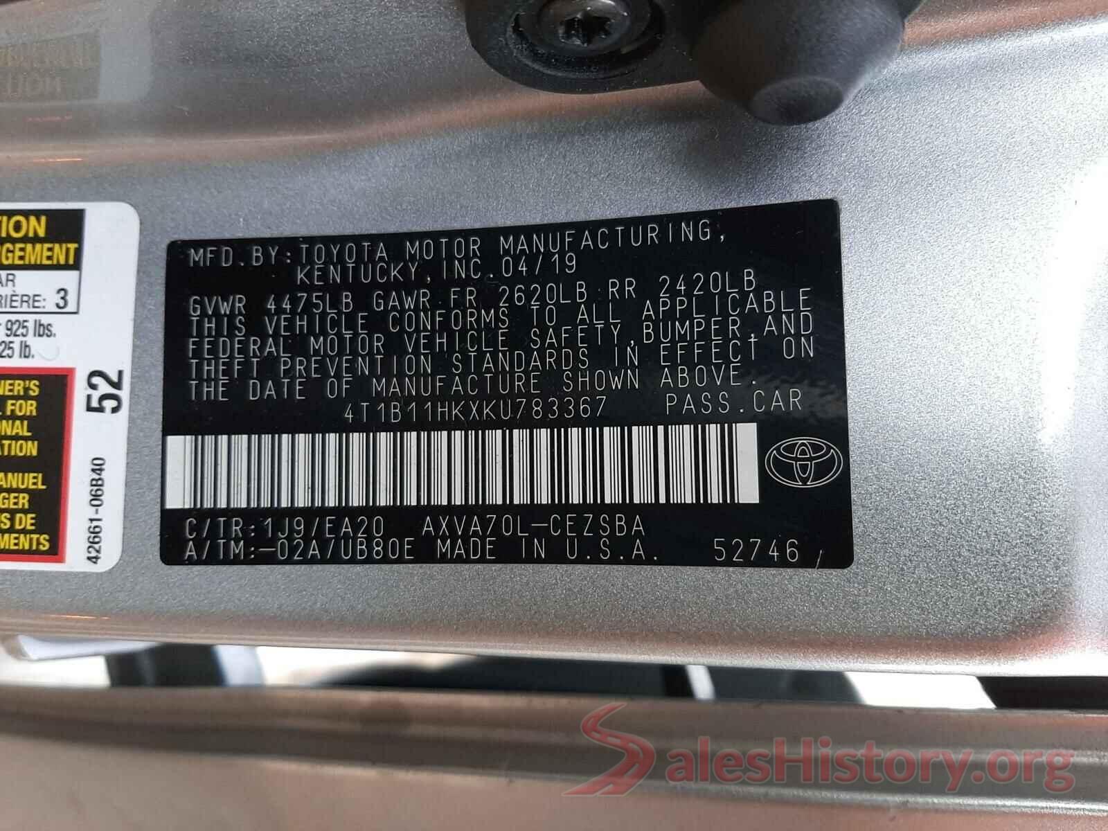 4T1B11HKXKU783367 2019 TOYOTA CAMRY