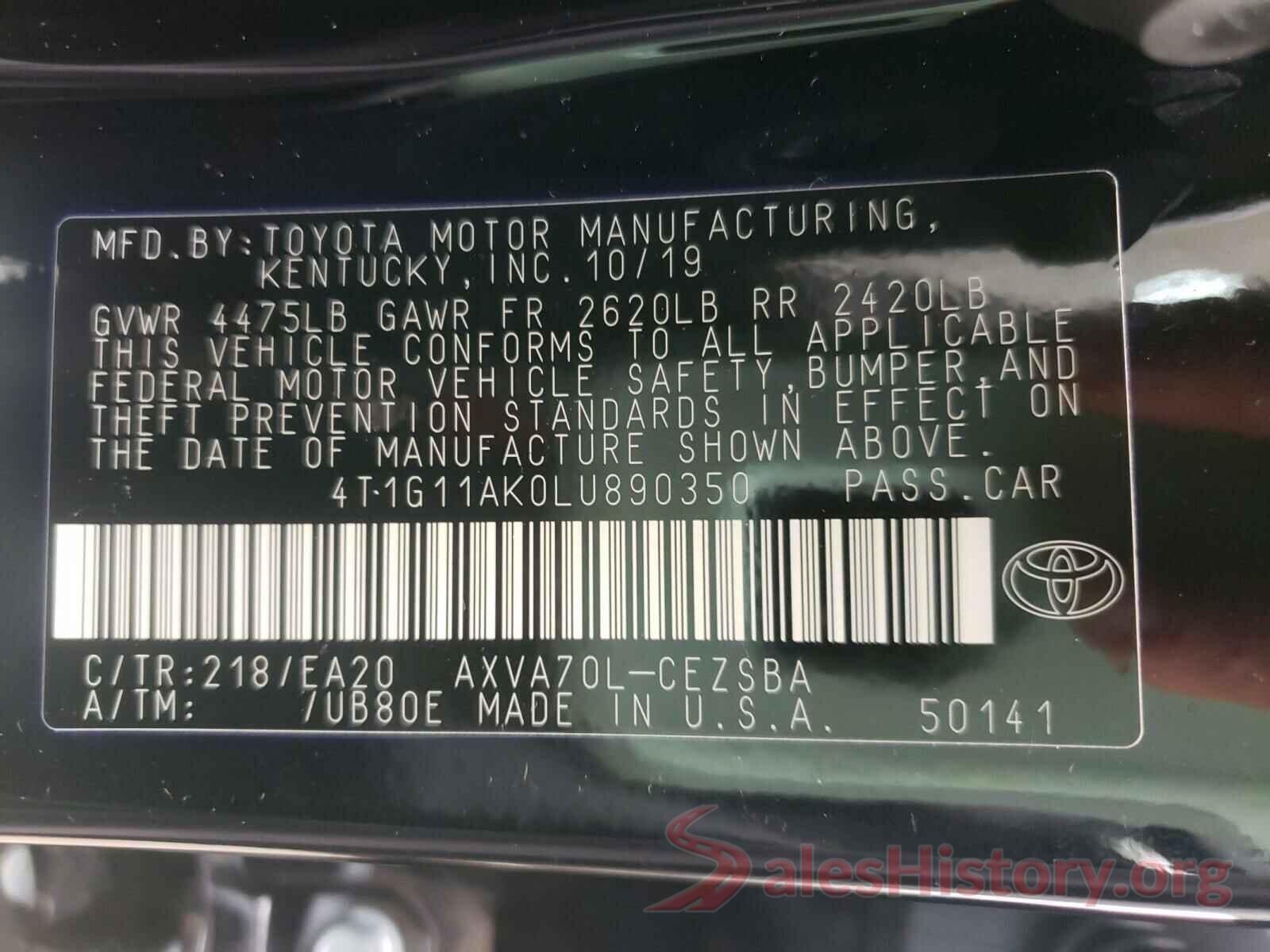 4T1G11AK0LU890350 2020 TOYOTA CAMRY