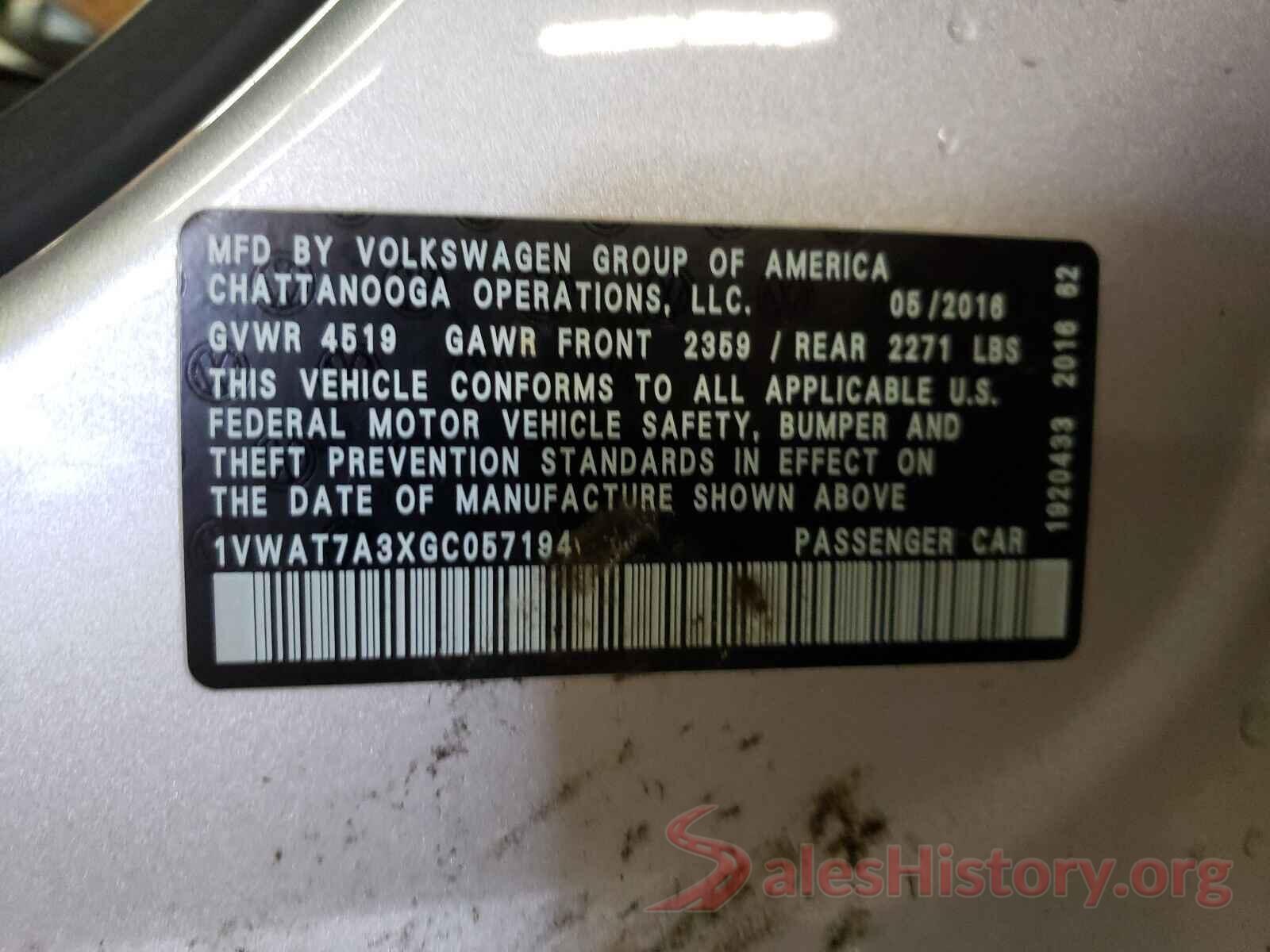 1VWAT7A3XGC057194 2016 VOLKSWAGEN PASSAT