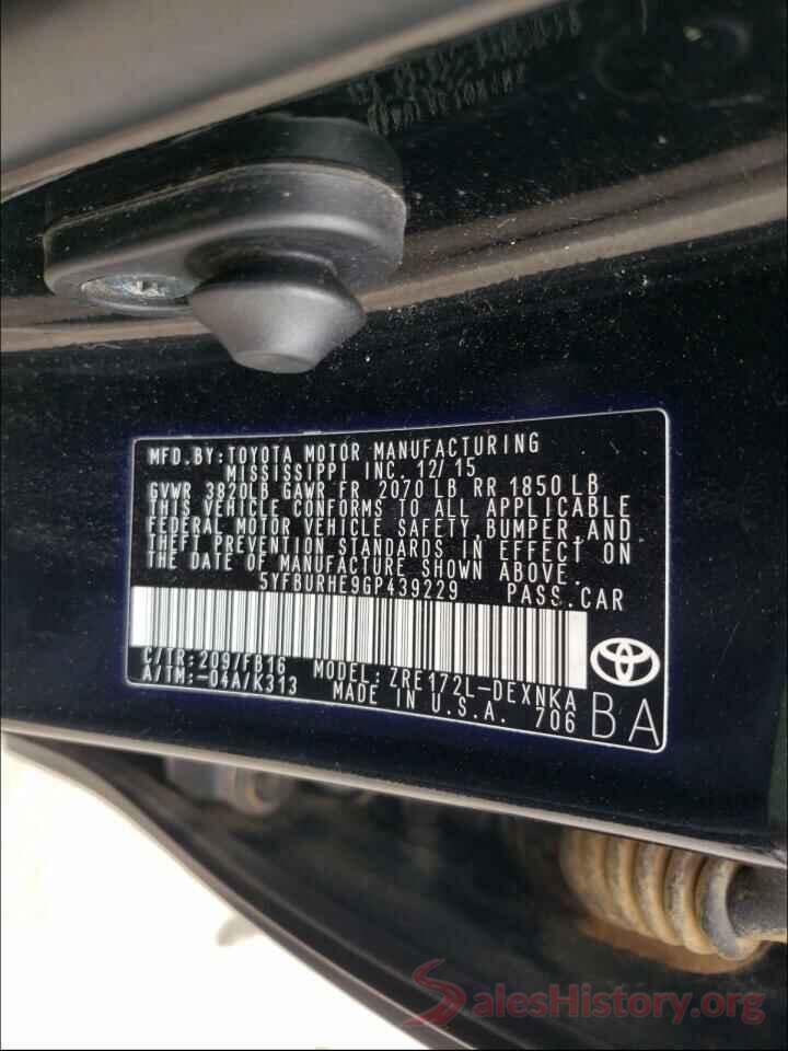 5YFBURHE9GP439229 2016 TOYOTA COROLLA