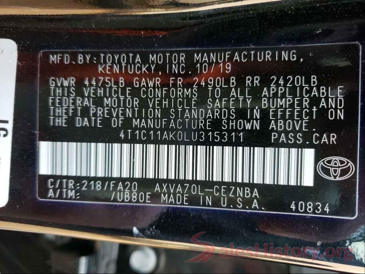 4T1C11AK0LU315311 2020 TOYOTA CAMRY