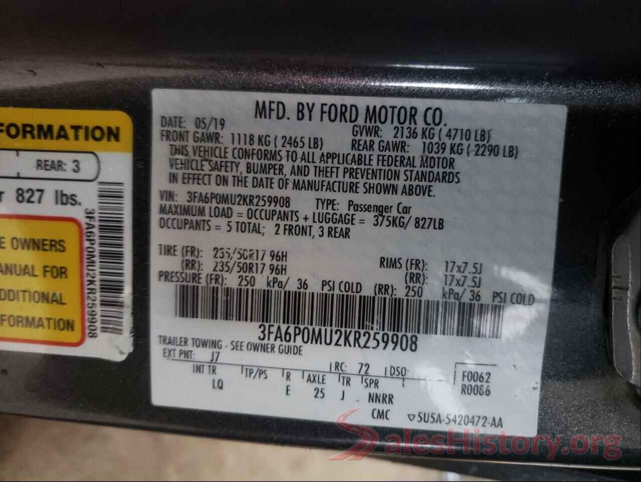 3FA6P0MU2KR259908 2019 FORD FUSION