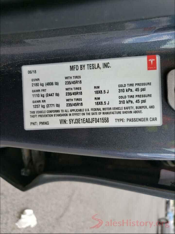 5YJ3E1EA0JF041558 2018 TESLA MODEL 3