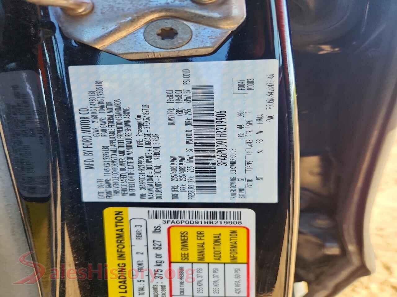 2017 FORD FUSION VIN 3FA6P0D91HR219906, wheel and tire