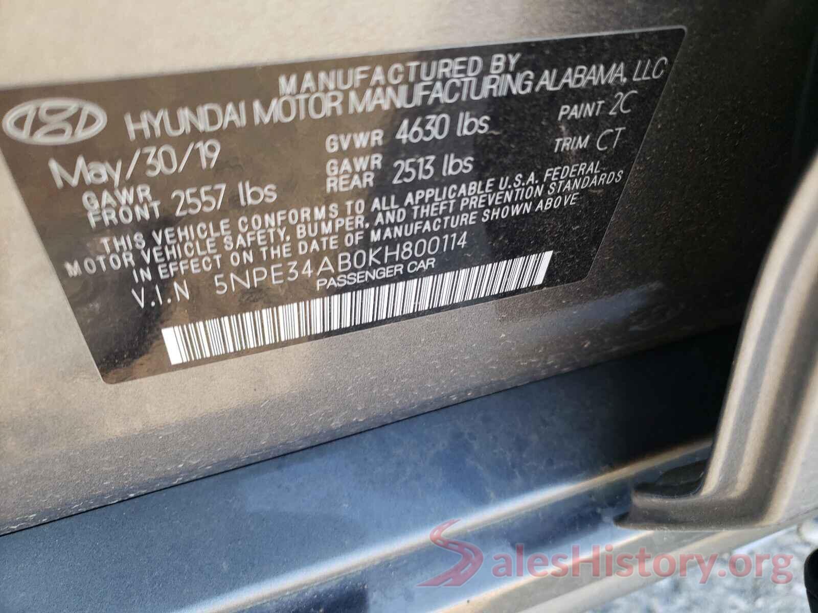 5NPE34AB0KH800114 2019 HYUNDAI SONATA