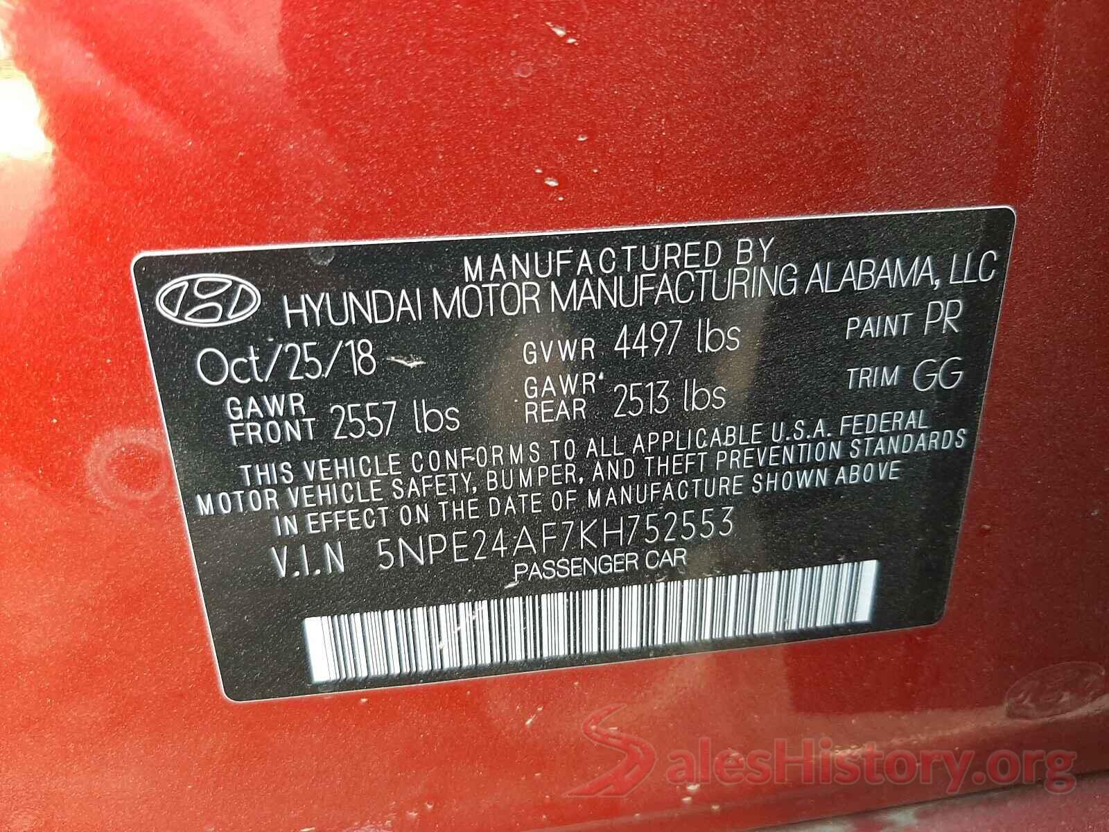 5NPE24AF7KH752553 2019 HYUNDAI SONATA