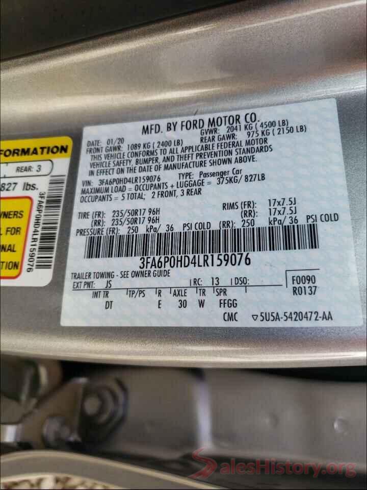 3FA6P0HD4LR159076 2020 FORD FUSION