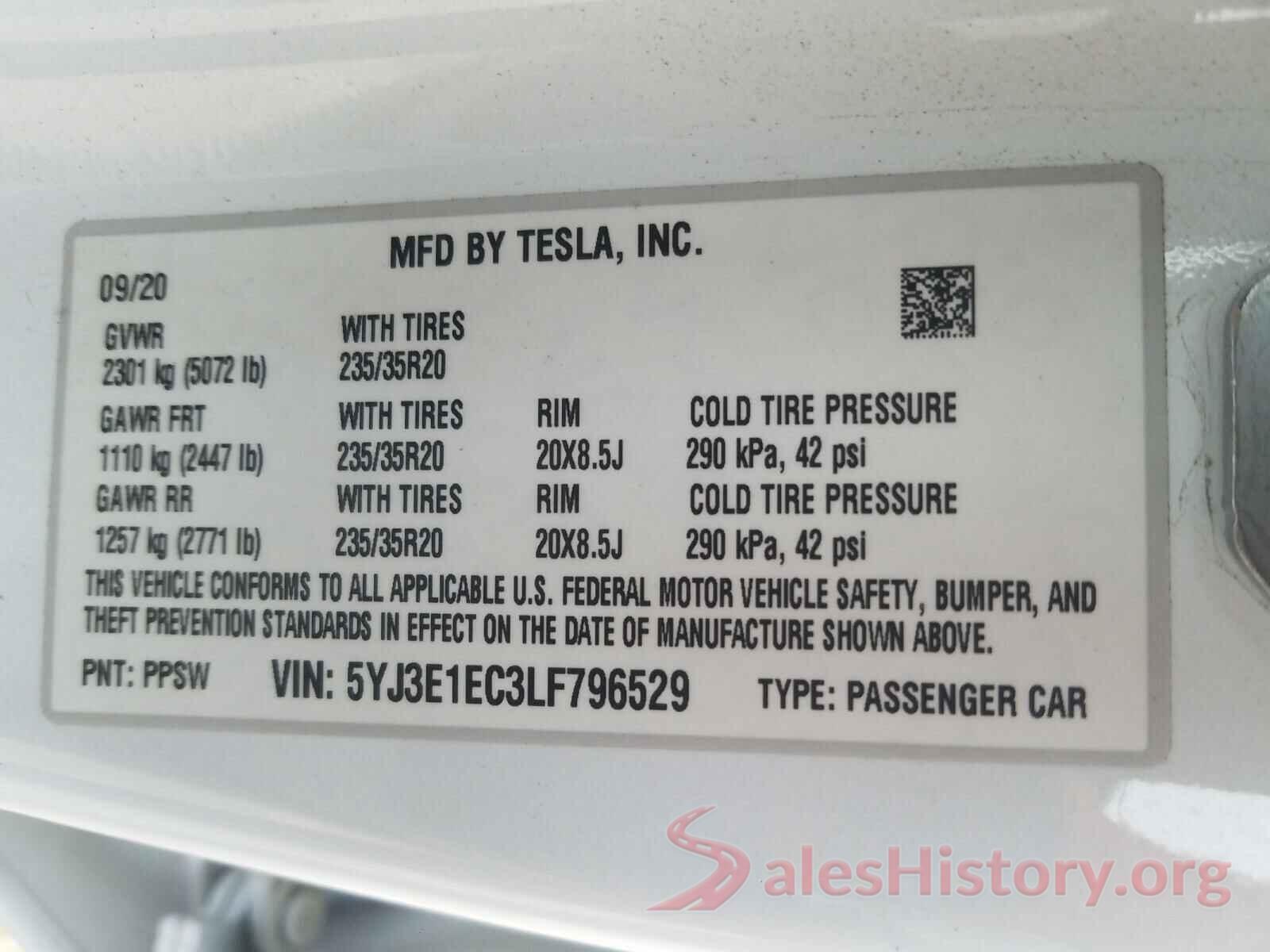 5YJ3E1EC3LF796529 2020 TESLA MODEL 3