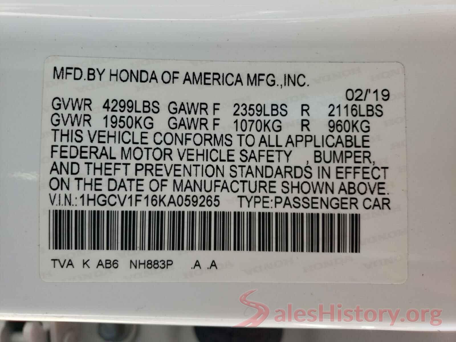 1HGCV1F16KA059265 2019 HONDA ACCORD