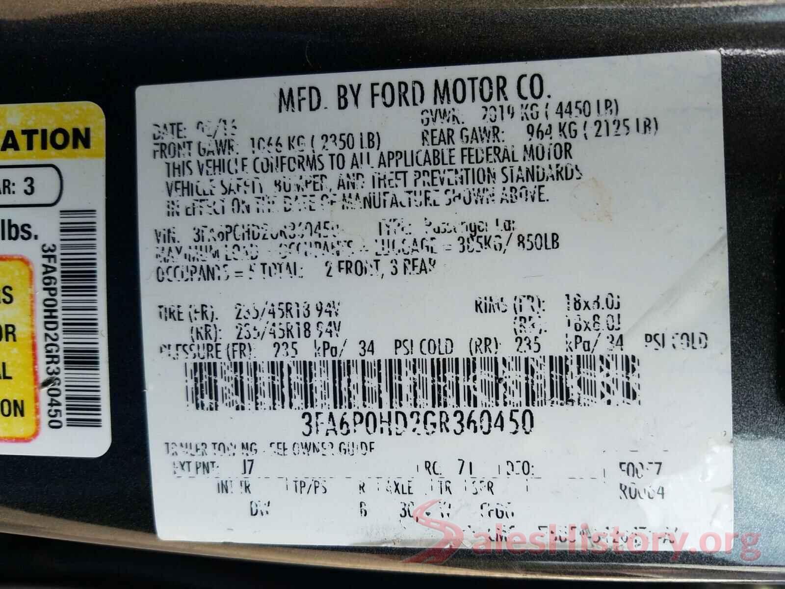 3FA6P0HD2GR360450 2016 FORD FUSION