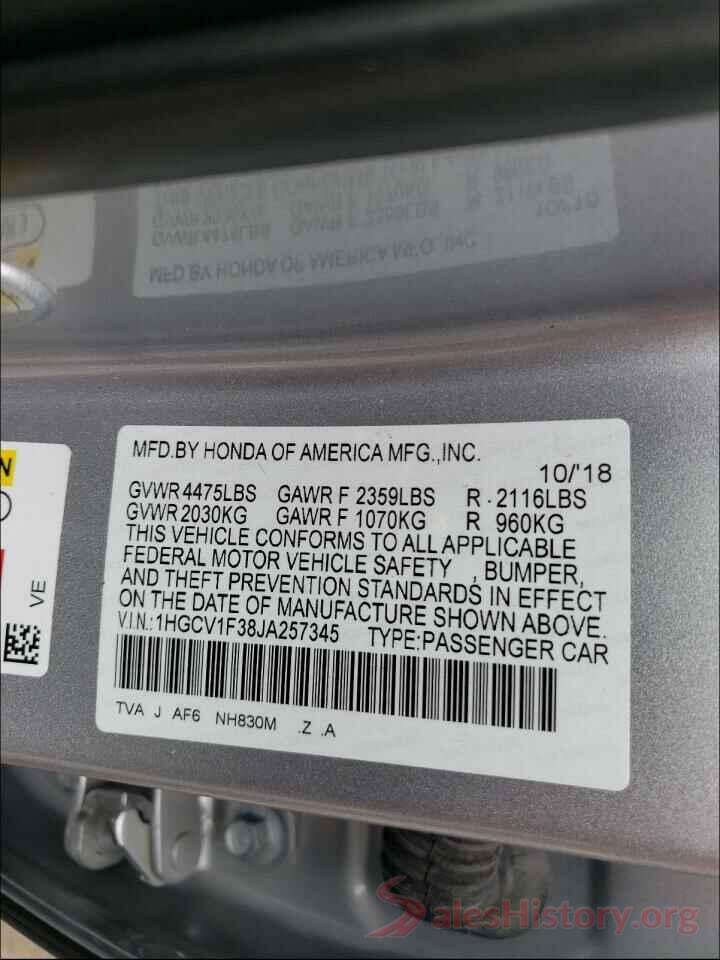 1HGCV1F38JA257345 2018 HONDA ACCORD