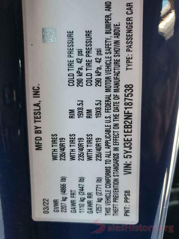 5YJ3E1EB2NF187538 2022 TESLA MODEL 3