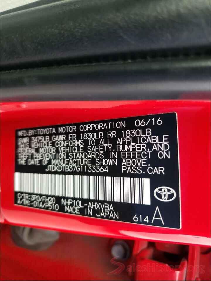 JTDKDTB37G1133364 2016 TOYOTA PRIUS