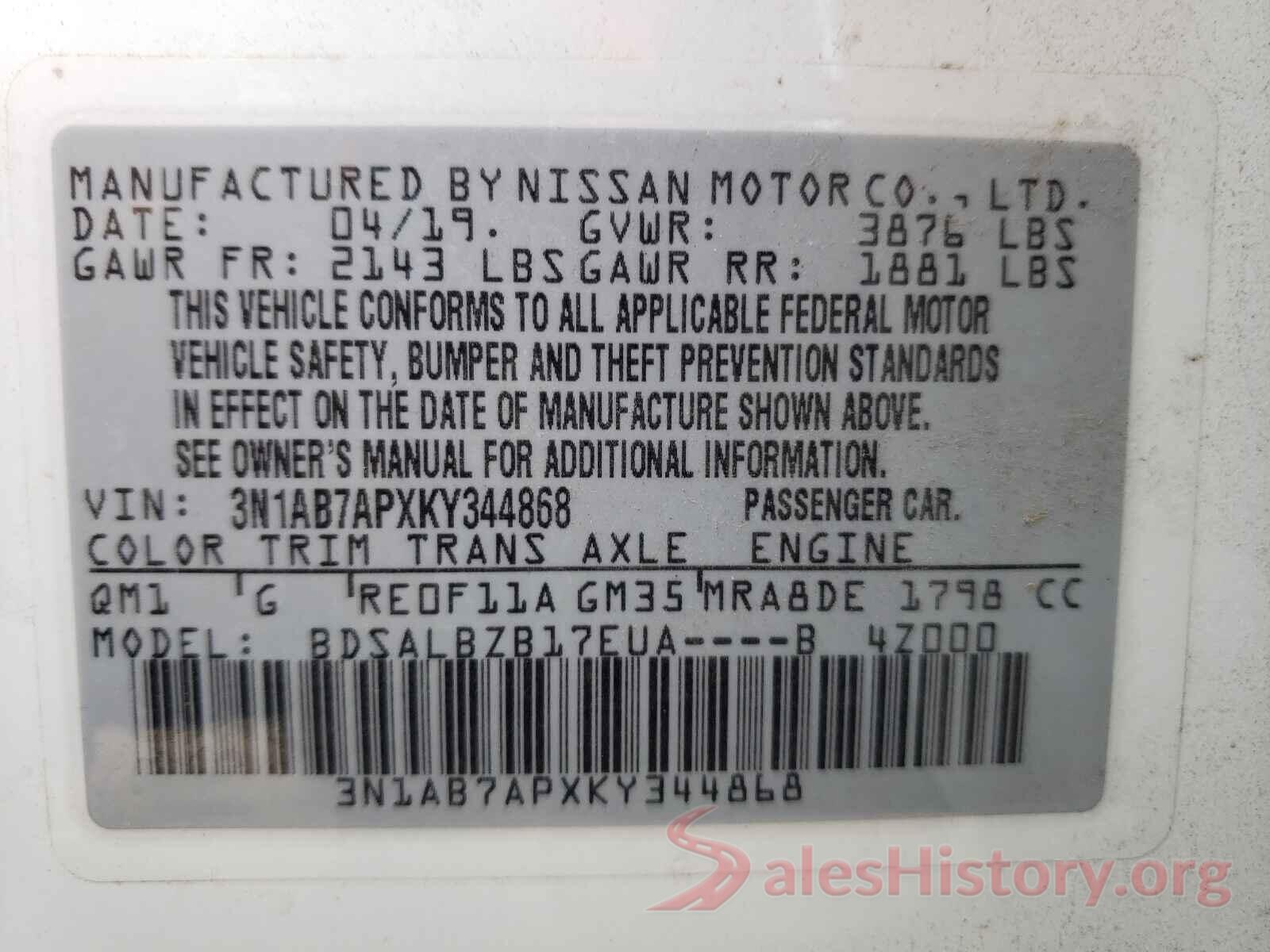 3N1AB7APXKY344868 2019 NISSAN SENTRA