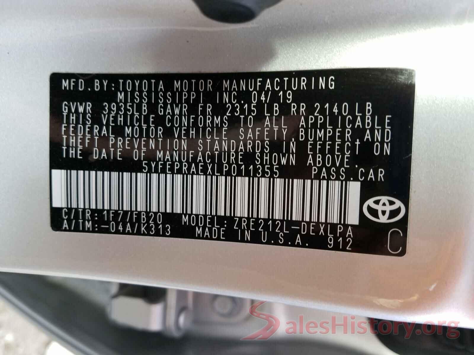 5YFEPRAEXLP011355 2020 TOYOTA COROLLA