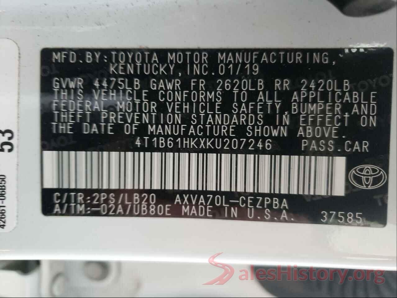 4T1B61HKXKU207246 2019 TOYOTA CAMRY