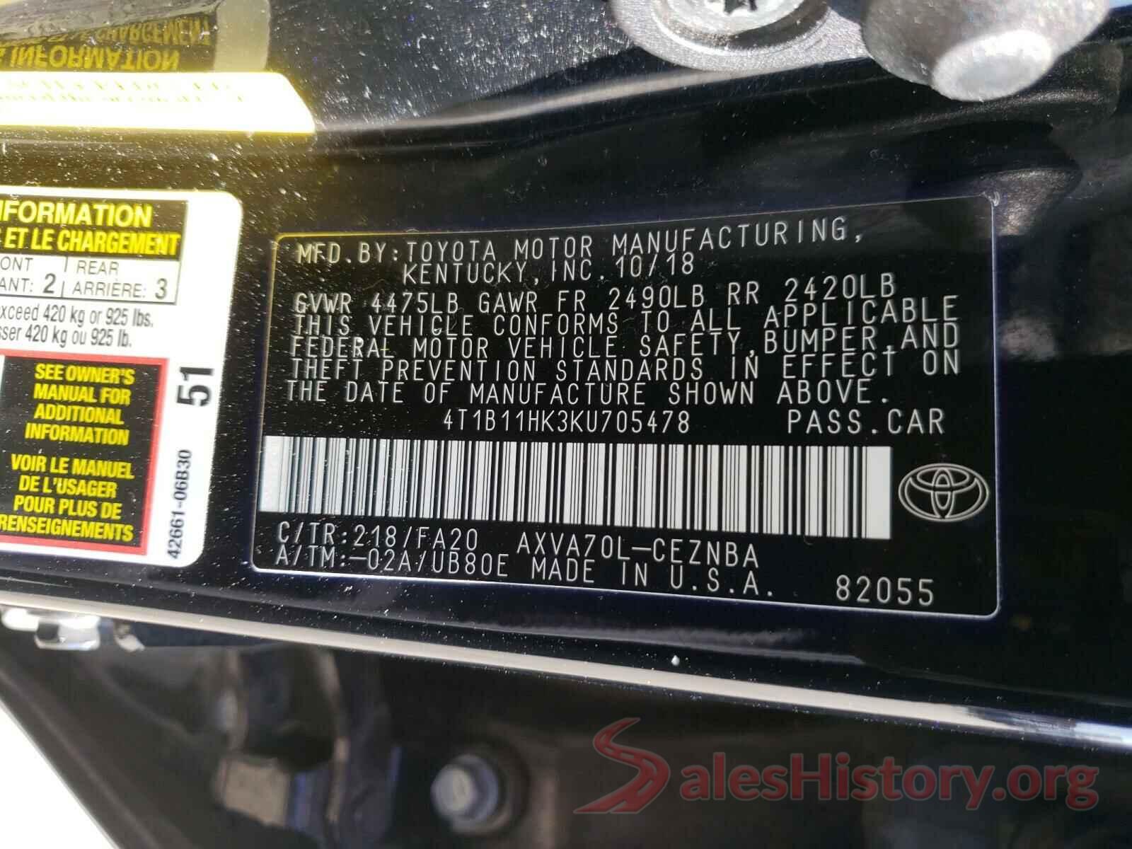 4T1B11HK3KU705478 2019 TOYOTA CAMRY