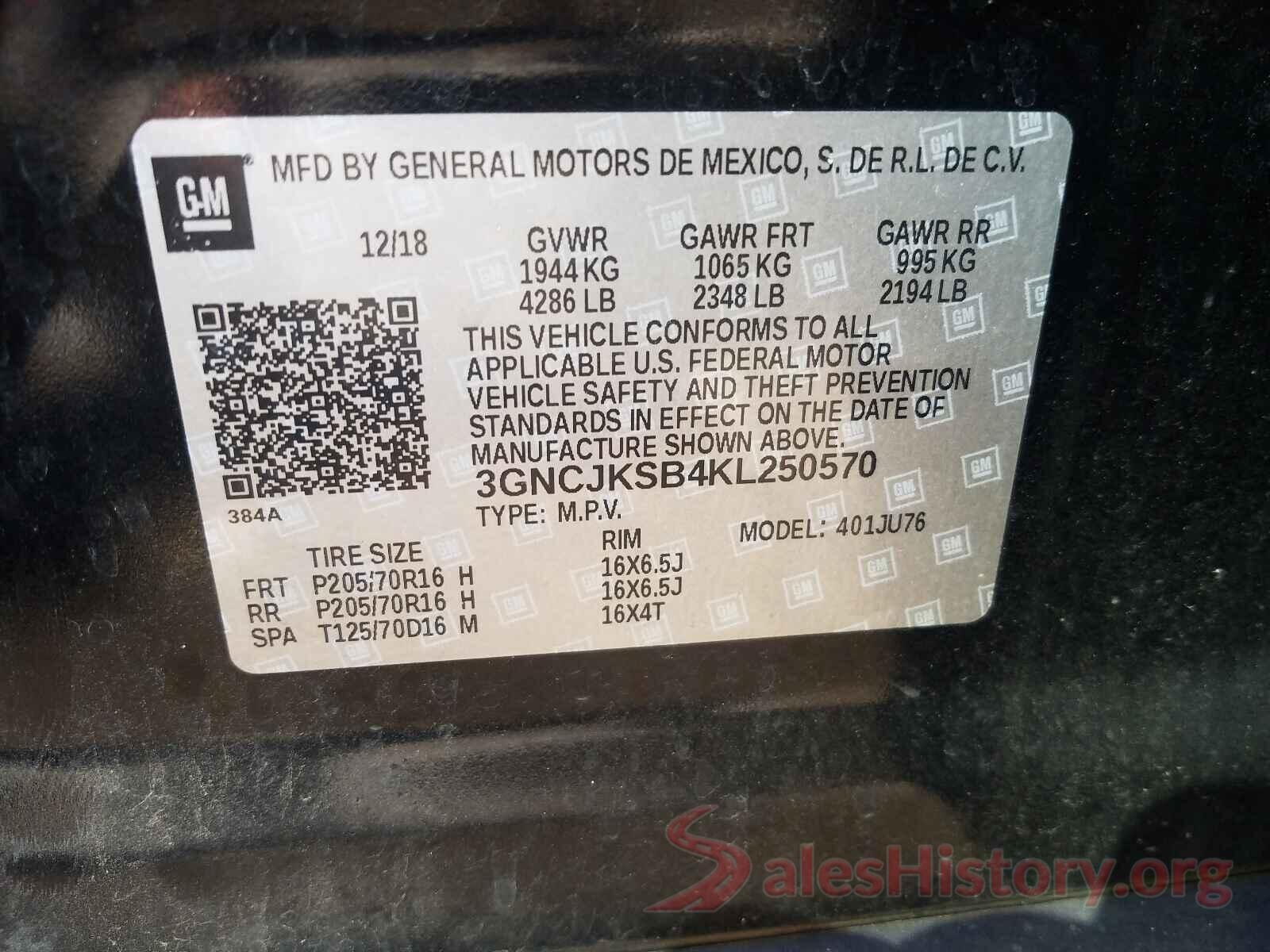 3GNCJKSB4KL250570 2019 CHEVROLET TRAX