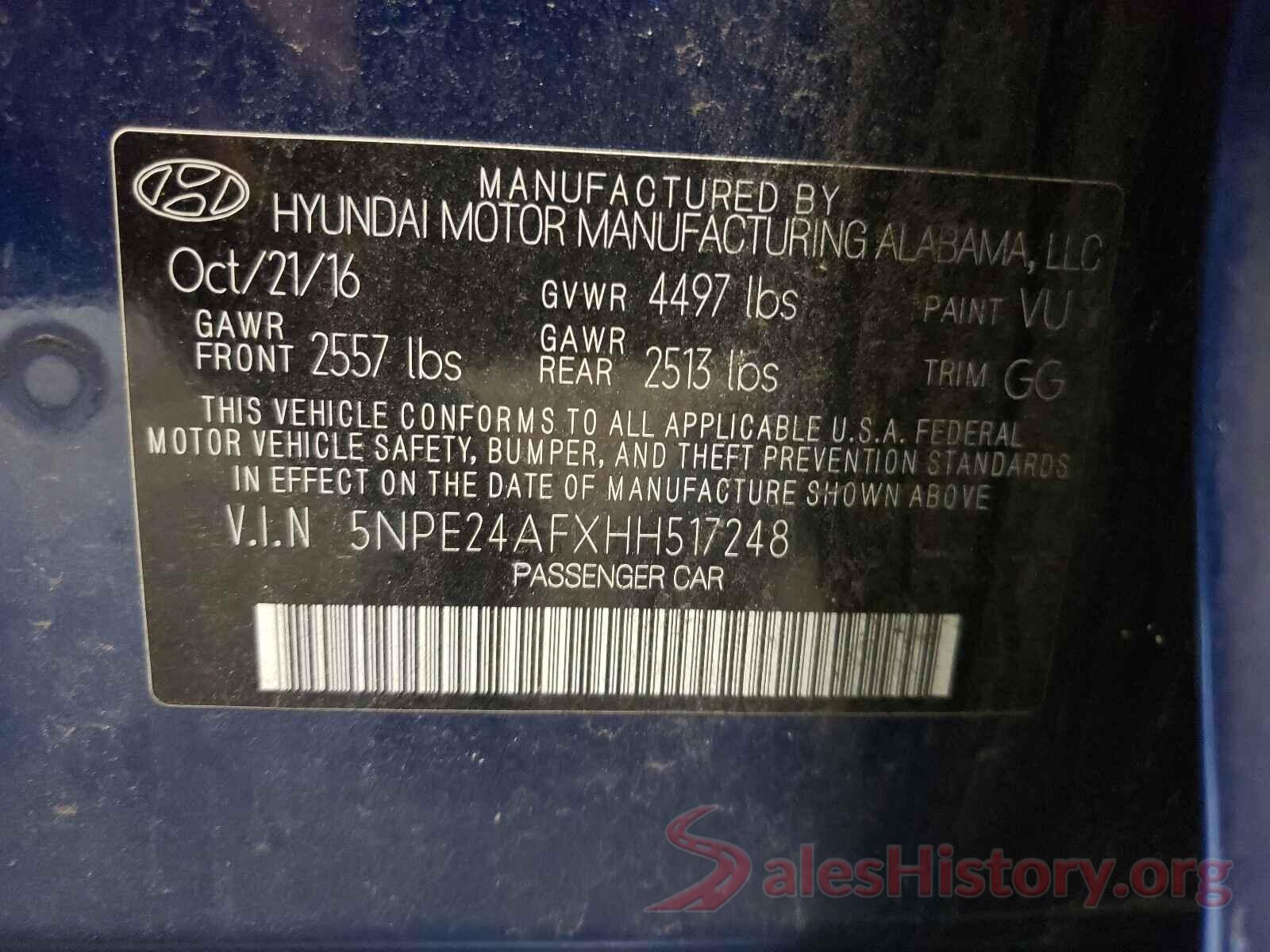 5NPE24AFXHH517248 2017 HYUNDAI SONATA