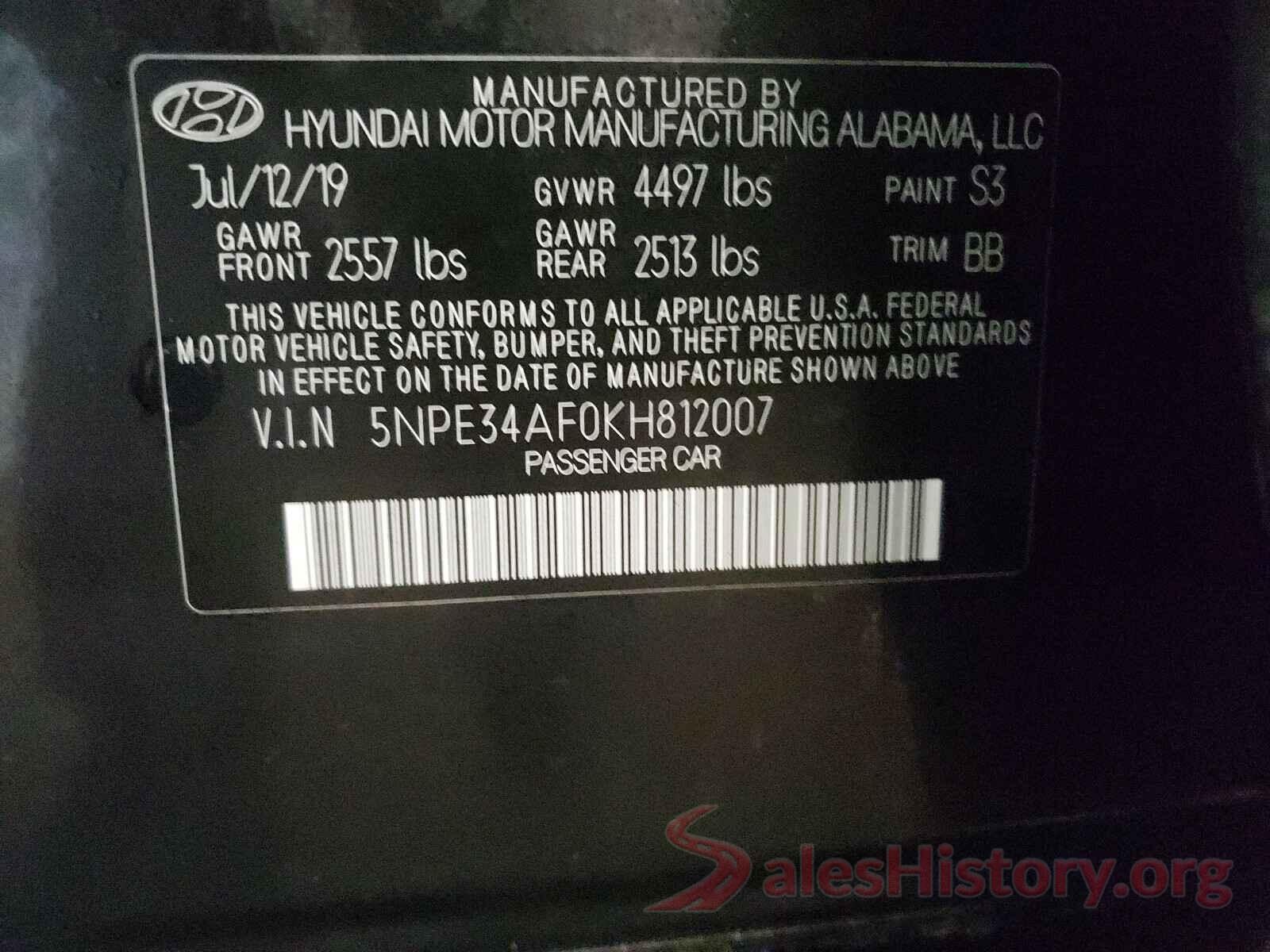 5NPE34AF0KH812007 2019 HYUNDAI SONATA