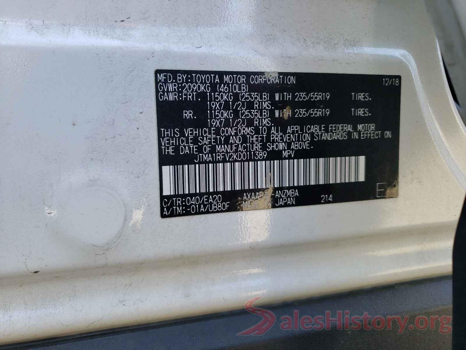 JTMA1RFV2KD011389 2019 TOYOTA RAV4