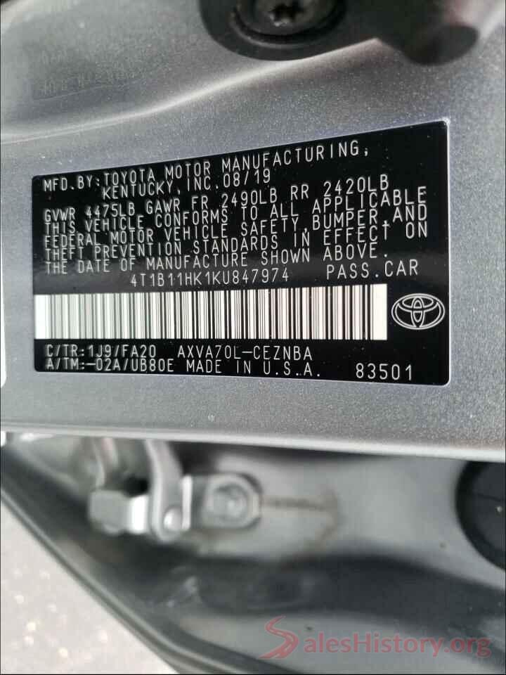 4T1B11HK1KU847974 2019 TOYOTA CAMRY