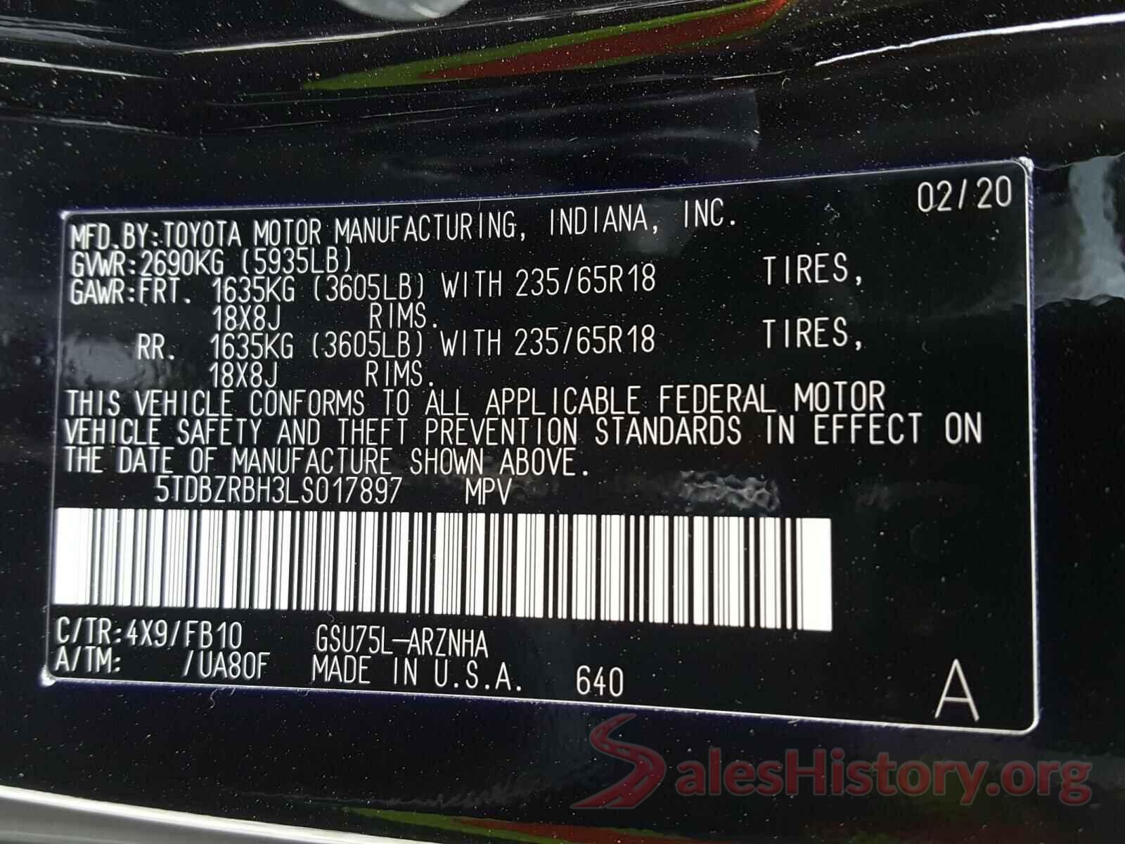 5TDBZRBH3LS017897 2020 TOYOTA HIGHLANDER