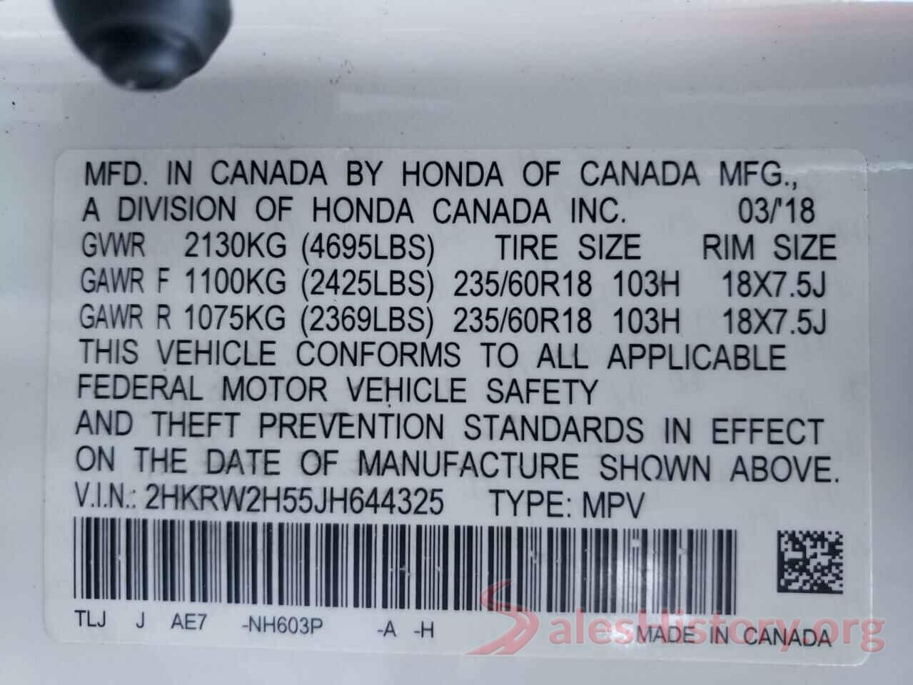 2HKRW2H55JH644325 2018 HONDA CRV